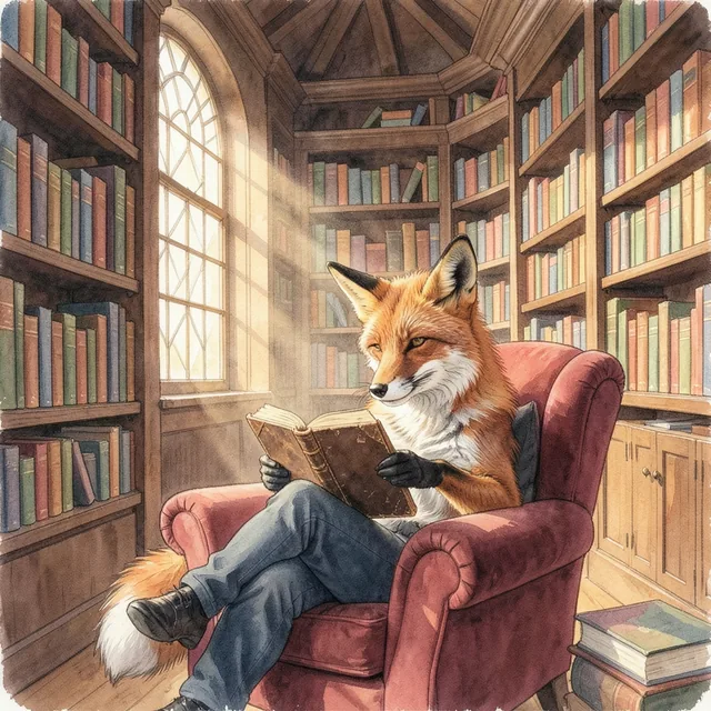 도서관에서 책 읽는 여우