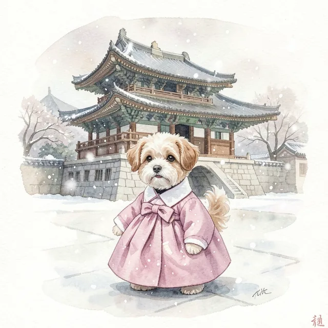 눈 내리는 경복궁의 한복 강아지
